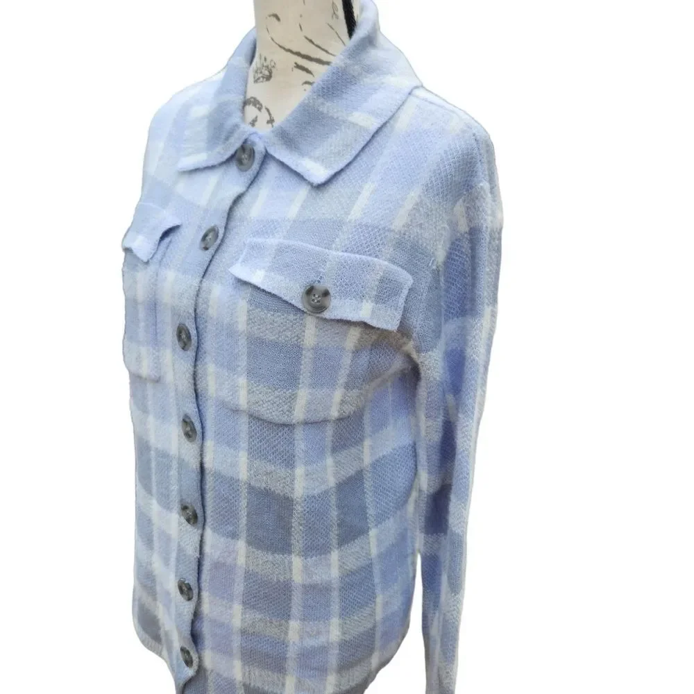 William Rast -974 Long Sleeve Plaid‎ Shacket Shirt Jacket White Light Blue Small